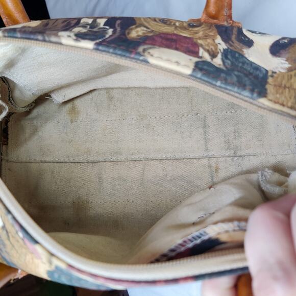 Vintage Canvas Dog Print Animal Tapestry Barrel Handbag Leather Handle Tote Bag - Picture 4 of 15